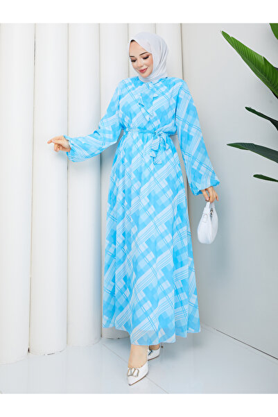 RACE FASHİON Halter Neck Tie-Detail Plaid Hijab Chiffon Dress Rc6049