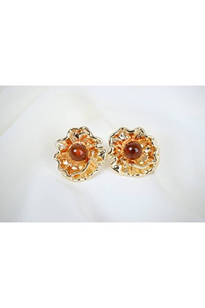 ATELİER TUĞBA BKP092 أقراط على شكل زهرة ذهبية اللون مع حجر بني (قطر 22 ملم)