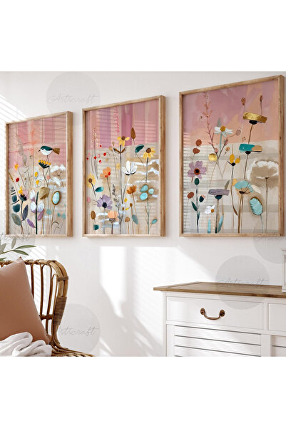 Tuba Decor 3-dijelni set slika za dnevnu sobu sa drvenim okvirima, roze i bež...