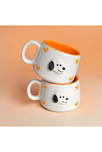 Pawicci Seramik Köpek Desenli Kupa, 2'li El Yapımı Doğal Kupa, 200 ml Doğal Ç...