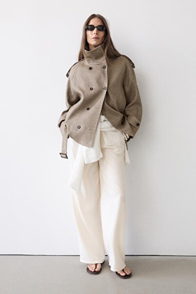 Massimo Dutti Keten karışımlı dik yaka trençkot