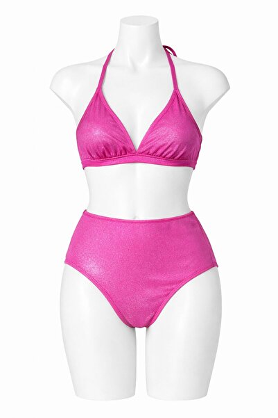 VAJESTO Women's Candy Pink Glittery High Waist Bikini Set Triangle Halter Tie...
