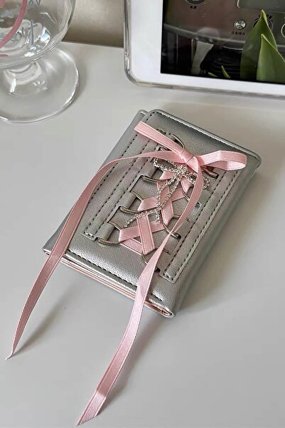 TAKIŞTIR Gri Renk Pembe Kurdele Detaylı Kadın Cüzdan/ Kartlık