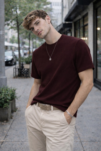 Maccali Men's Trend 100% Cotton Waffle Fabric Claret Red T-Shirt