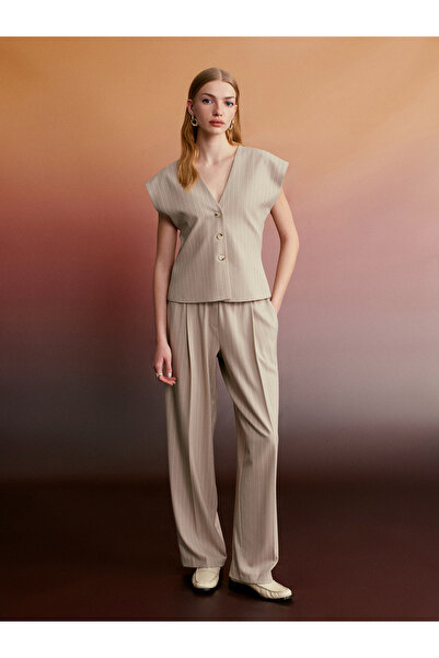 Dilvin 72639 Drapey Palazzo Pants -Beige