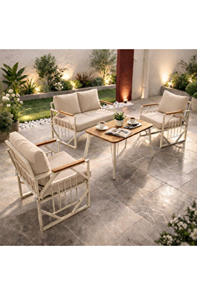 UFUK HOME Violet Krem 2+1+1 Masalı Bej Bahçe Oturma Grubu Minderli Metal Ahşa...