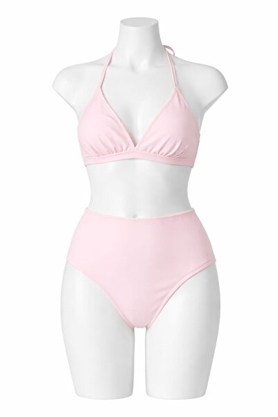 VAJESTO Women's Powder Pink High Waist Bikini Set Triangle Halter Tie-Detail ...