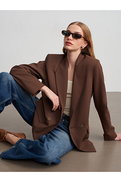 Dilvin 60791 Double-Breasted Oversized Blazer-Coffee