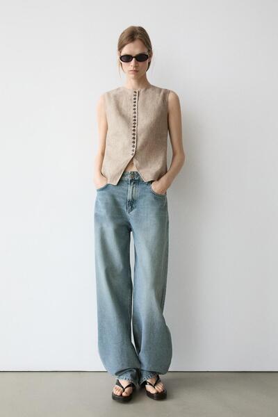 Massimo Dutti Düğme detaylı melanj keten yelek