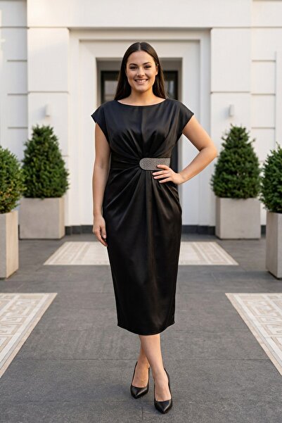 By Saygı Women's Draped Plus Size Satin Midi Dress with Stone Waistband