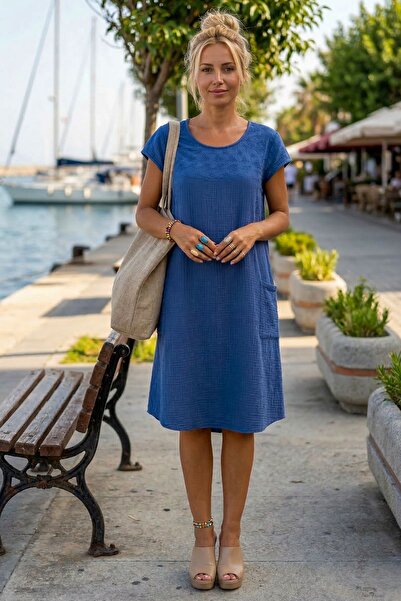 Chiccy Blue Pool Collar Low Sleeve Pocketed Sleeves, Roba and Sides Embroider...