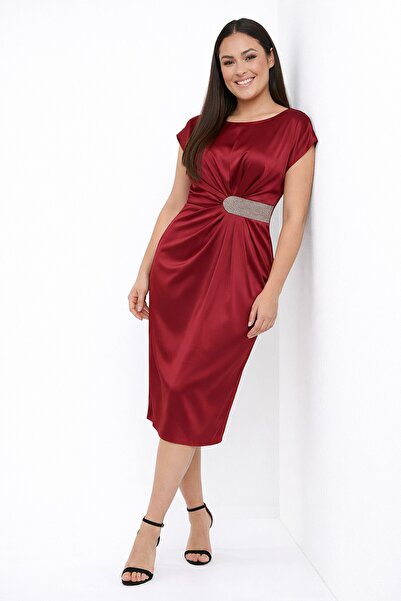 By Saygı Women's Draped Plus Size Satin Midi Dress with Stone Waistband
