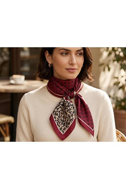 MAESTRO WOMAN Kadın Bordo Leopar Detay Desenli İpeksi Saten Fular 70x70