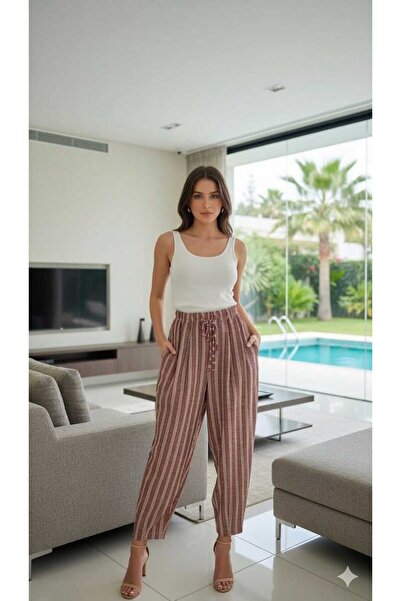 newmisal Women's Linen Fabric Striped Carrot Shalwar Pants