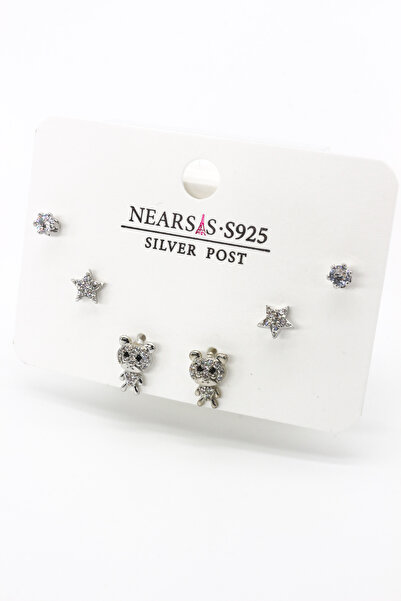 Nearsis Set of Six Zircon Stone Teddy Bear Star Earrings