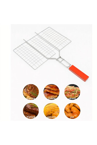 Bsr Gratar pentru peste, pliabil, metal+lemn, argintiu, 22x21 cm