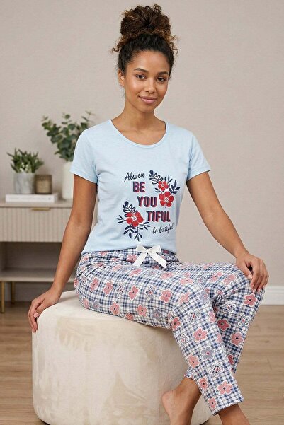 Niket Life Women's Be You Tıful Slogan and Altı Plaid Floral Print Combed Cot...