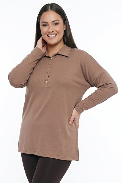 By Saygı Γυναικεία μπλούζα με χρυσά κουμπιά στο γιακά, μεγάλο μέγεθος ελαστικ...