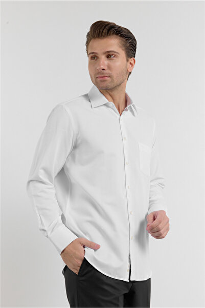 İmza White Striped Pattern Hard Collar Long Sleeve Pocketed Comfort Fit Cotto...