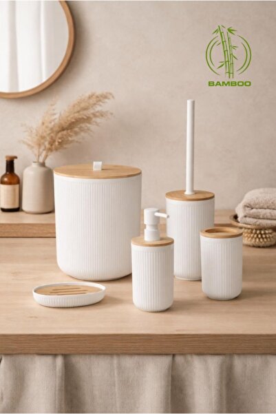 Store HGY Home Gerçek Bambu Detaylı London Beyaz 5'li Banyo Seti