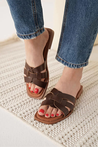 Belinora Bitter Brown Genuine Leather Slippers Tr31My66E