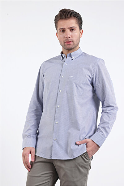 İmza White - Navy Blue Buttoned Collar Long Sleeve Pocketed Comfort Fit 100% ...