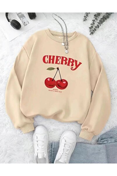 Kids Μπεζ φούτερ με στάμπα κεράσια και λαιμόκοψη ποδηλάτου