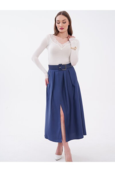 Vinales تنورة نسائية حزام لي بثنيات متوسط الطول - أزرق داكن