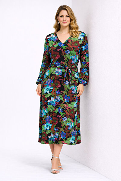 Şans Women's Green, Floral Print , V-Neck, Pocketed Viscose Long Dress 65N39425