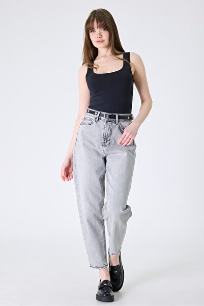 cracpot Kadın Açık Gri Kar Yıkama Slouchy Jean Pantolon – Yüksek Bel Comfort ...