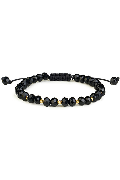 One Gold Bracelet with 5 beads 14K Gold "585" and Black Crystals, adjustable