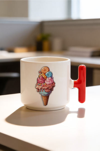 BB TRADE كوب سيراميك مطبوع بمقبض على شكل حرف T بتصميم الآيس كريم باللون الأحم...
