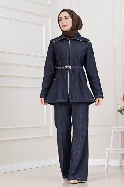 Sevitli Zip Detail Two-Piece Denim Set-Dark Blue