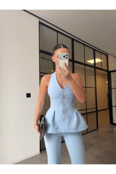BB Bensu Buyruk Halter Neck Li Vest Pants Suit Blue