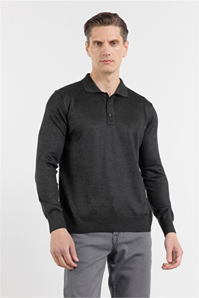 İmza Anthracite Polo Collar Pocketless Comfort Fit Classic Cotton Piece Knitw...
