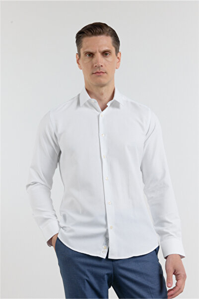 İmza White Textured Hard Collar Long Sleeve Pocketless Slim Fit Cotton Shirt ...