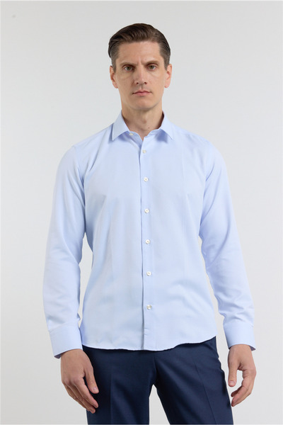 İmza Blue - White Self Patterned Hard Collar Long Sleeve Pocketless Slim Fit ...