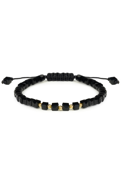 One Gold Bracelet with 5 beads 14K Gold "585" and Black Cubic Crystals, adjus...