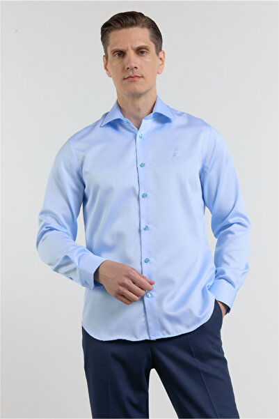 İmza Blue Satin Italian Collar Long Sleeve Pocketless S Slim Fit 100% P Cotto...