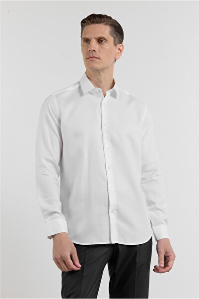İmza White Long Sleeve Hard Collar Self Patterned %100 Cotton Slim Fit Shirt ...