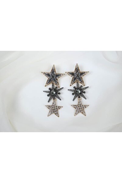 ATELİER TUĞBA Bkp121 Antique Silver Star Hanging Earrings (Length 80 mm)