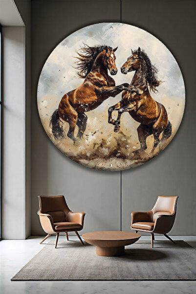 B&G DESIGN Pictură decorativă rotundă pe sticlă, cu tematică Cai Moderni în G...
