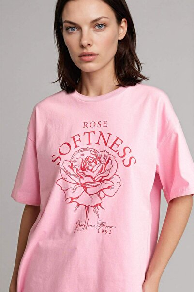 DeFacto Mother's Day Oversized Crew Neck Floral Combed Cotton Short Sleeve T-...