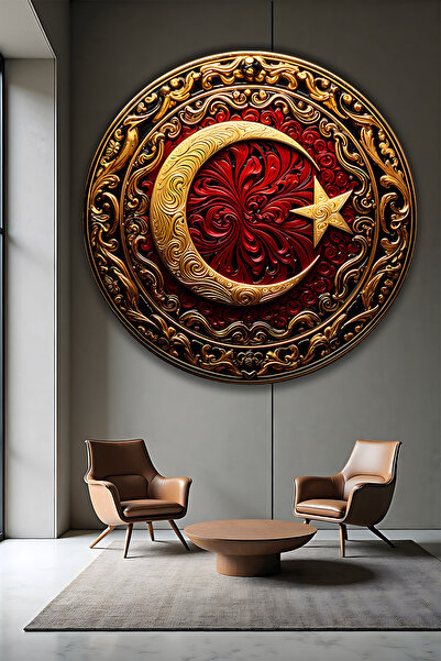B&G DESIGN Ay Yıldız Tablou decorativ din sticlă temperată, rotund, auriu, ro...