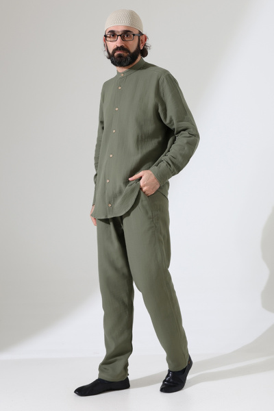 ihvan online Men's Muslin Hakim Collar Shirt and Pants Two-Piece Set, Modern ...