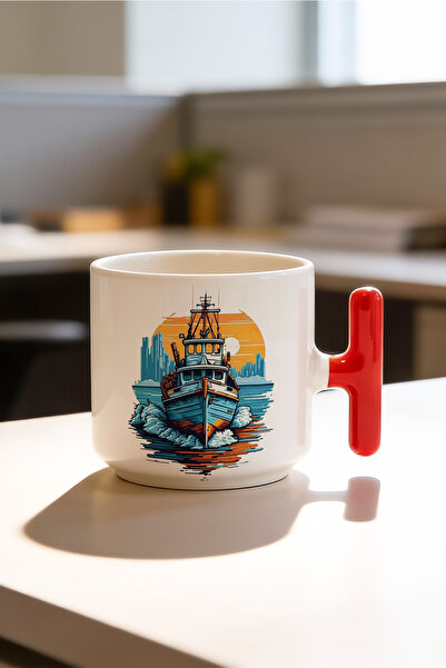 BB TRADE Ship Designed Red T-Handed Ceramic Printed Mug Cup 250 ml