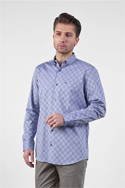 İmza Navy Blue - Blue Buttoned Collar Long Sleeve Pocketed Comfort Fit 100% C...