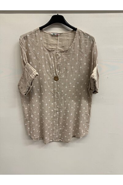 della moor بلوزة نسائية بيج إيطالية P منقّط بنمط نصف كم وياقة مفتوحة مقاس كبي...