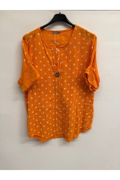 della moor Women's Orange Italian P Polka Dot Pattern Half Sleeve Open Collar...