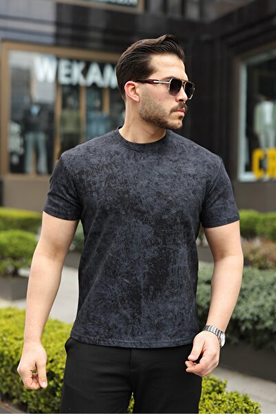 NERATHIS Erkek Oversize T-shirt Yağ Desen İki İplik Kumaş-Siyah